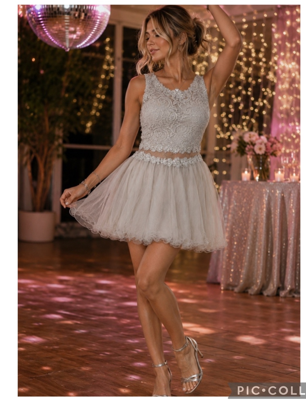 Dancing Queen Silver Gray Lace Tulle Grunge Prom Homecoming Dress L